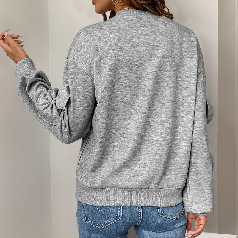 Damen Kuschel-Sweatshirt mit 3D-Schleifenapplikationen, Rundhals & Rippbündchen Drune