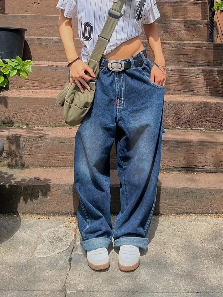 Damen Weit geschnittene Denim-Hose im lässigen Stil mit hohem Bund Drune