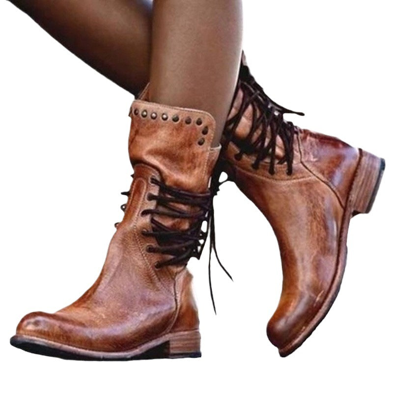 Damen Modische Stiefeletten mit dekorativen Schnür- und Nieten-Details Drune