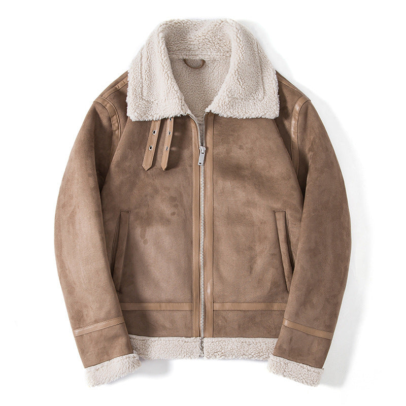 Herren Lammfelloptik Pilotenjacke mit Teddyfutter und Lederbesatz Drune