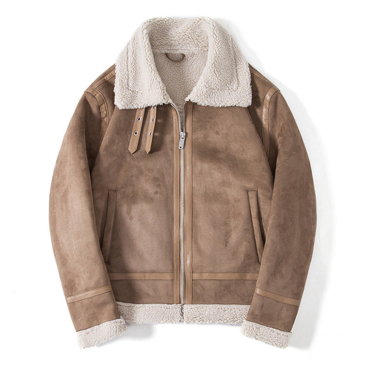 Herren Lammfelloptik Pilotenjacke mit Teddyfutter und Lederbesatz Drune