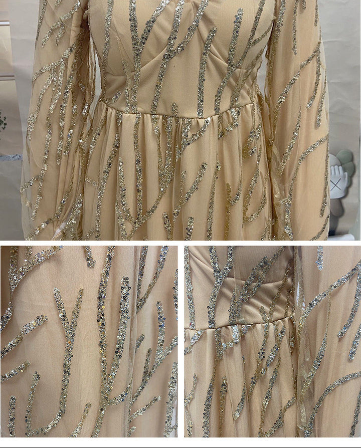 Damen bodenlanges Abendkleid mit Perlenstickerei, Patchwork und V-Ausschnitt