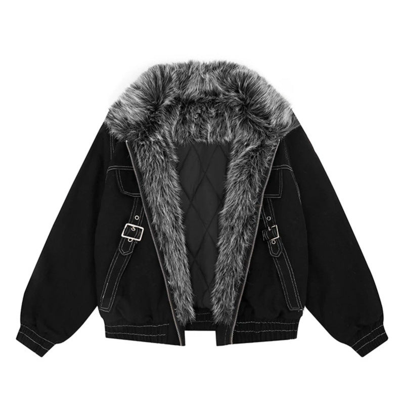 Damen wattierte Bomberjacke mit Kunstfellkragen, Kontrastnähten und Schnallen-Details Drune