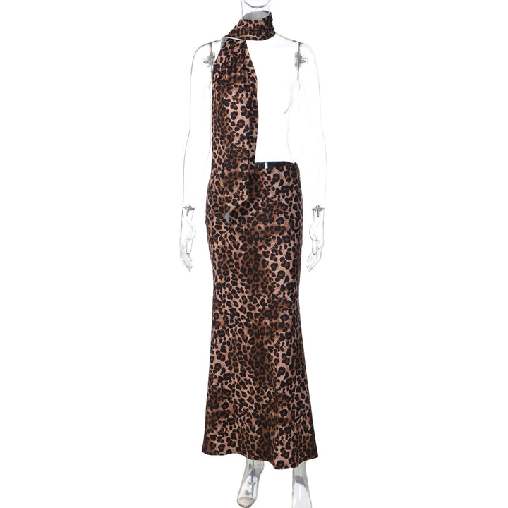 Damen Maxikleid mit trendigem Leopardenmuster und schickem Schal Drune