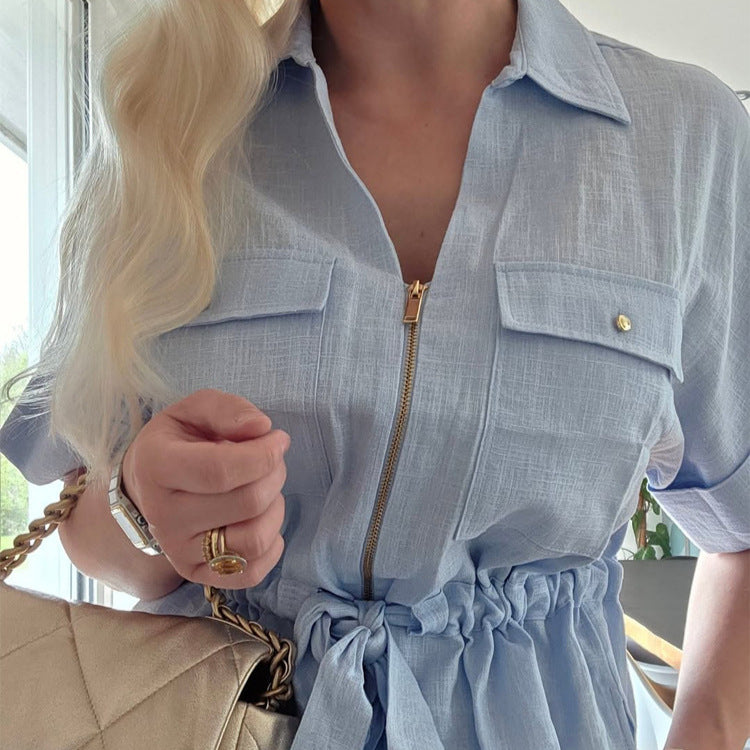Damen Kurzarm-Bluse mit Reißverschluss, Brusttaschen & Tunnelzug-Taille Drune