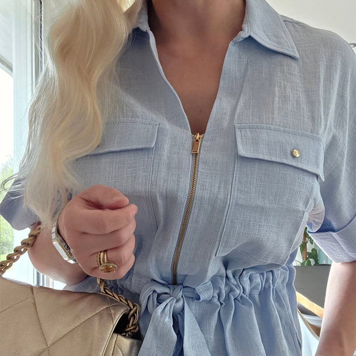 Damen Kurzarm-Bluse mit Reißverschluss, Brusttaschen & Tunnelzug-Taille Drune