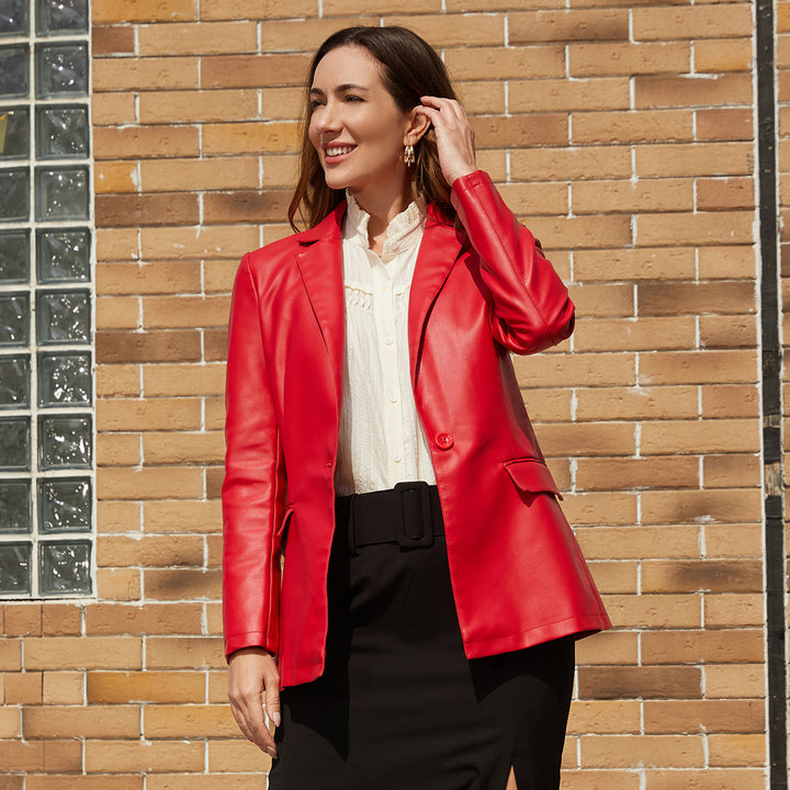 Damen nan taillierter Blazer aus Kunstleder mit Reverskragen und Pattentaschen Drune