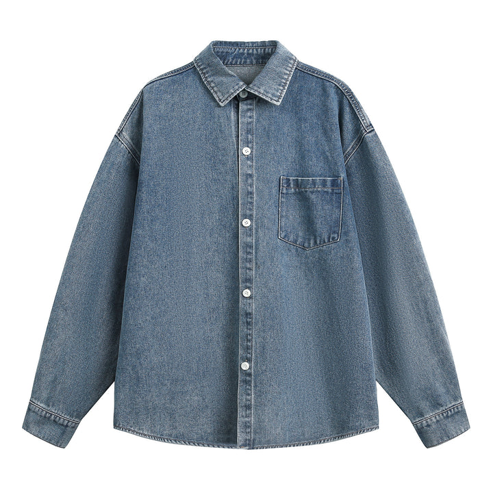 Unisex Weit geschnittene Jeanshemdjacke aus Denim mit Kontrastnähten und aufgesetzter Brusttasche Drune