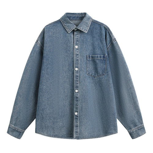 Unisex Oversize Jeanshemdjacke mit Brusttasche und kastigem Schnitt Drune