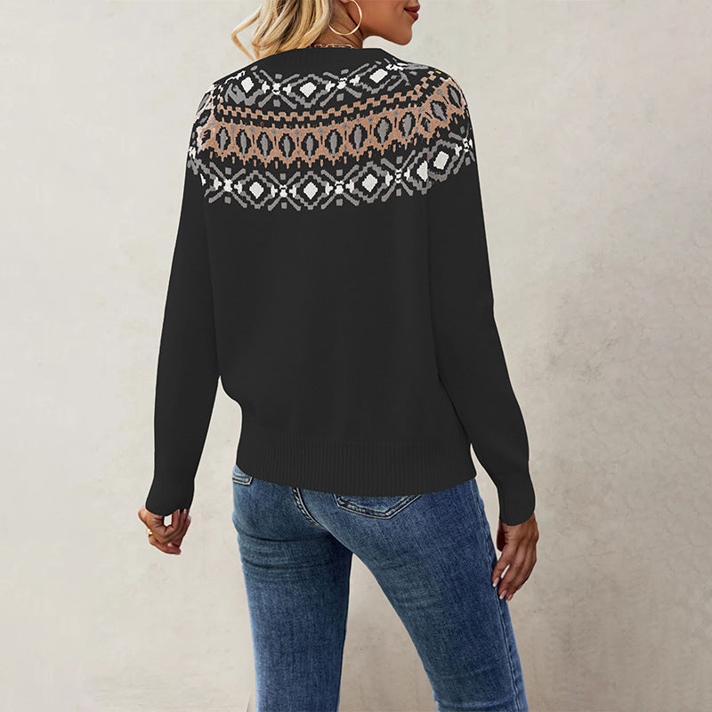 Damen Nordic-Muster Pullover mit Rundhalsausschnitt und lässigem Schnitt Drune