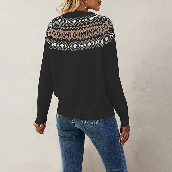 Damen Nordic-Muster Pullover mit Rundhalsausschnitt und lässigem Schnitt Drune