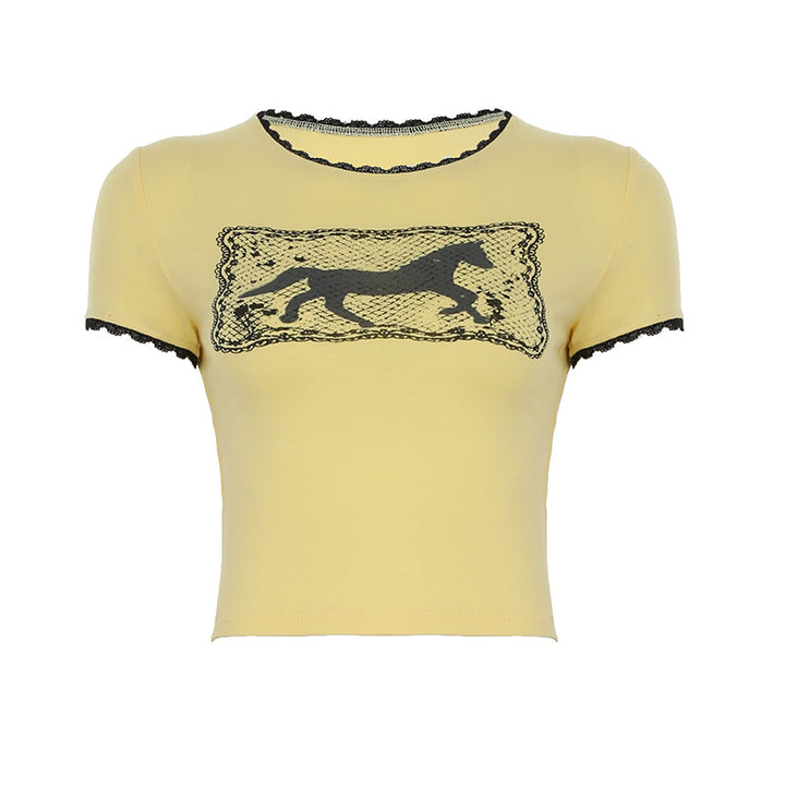Damen Crop-T-Shirt mit raffinierter Spitzenverzierung und grafischem Print Drune