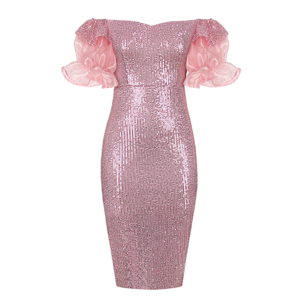 Damen glamouröses Abendkleid mit Glitzer und transparenten Puffärmeln Drune
