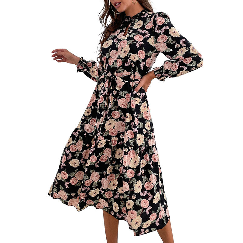 Damen Blumenkleid mit Rüschen und langen Ärmeln Drune