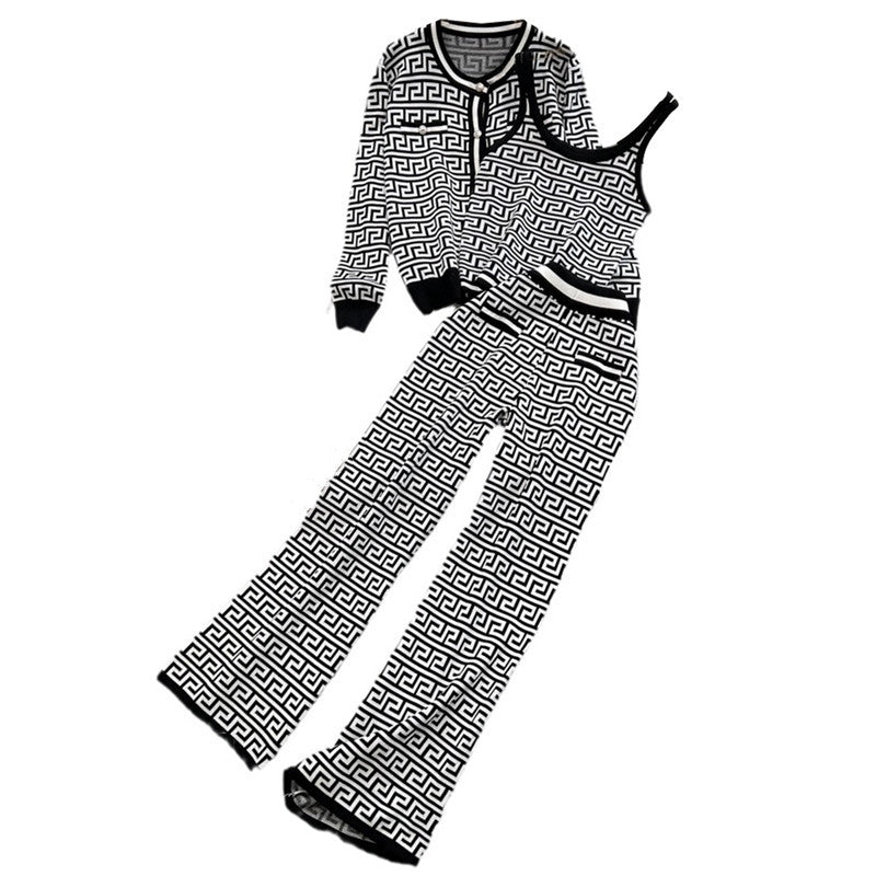 Damen modisches Strick-Loungewear-Set mit geometrischem Muster und Cardigan Drune