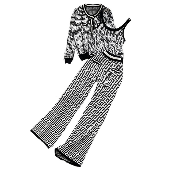 Damen modisches Strick-Loungewear-Set mit geometrischem Muster und Cardigan Drune