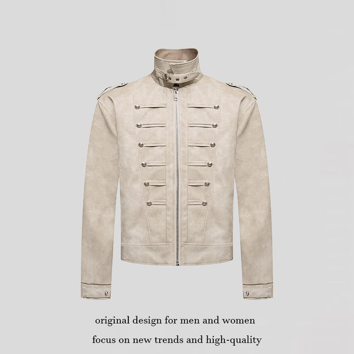 Herren Kurzjacke im Military-Marching‑Look aus Velourslederimitat mit Stehkragen & Zierknöpfen Drune