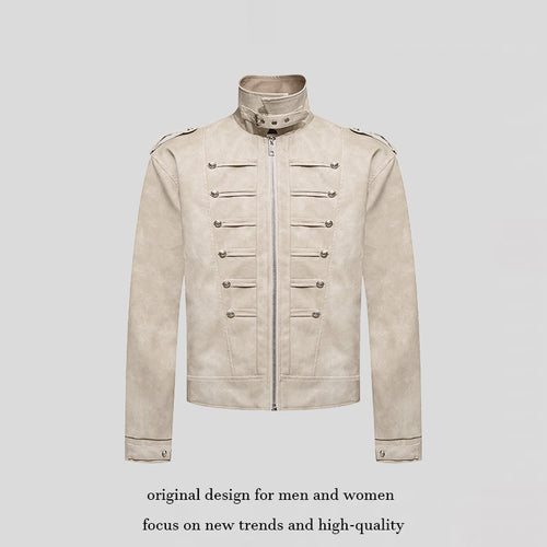 Herren Kurzjacke im Military-Marching‑Look aus Velourslederimitat mit Stehkragen & Zierknöpfen Drune