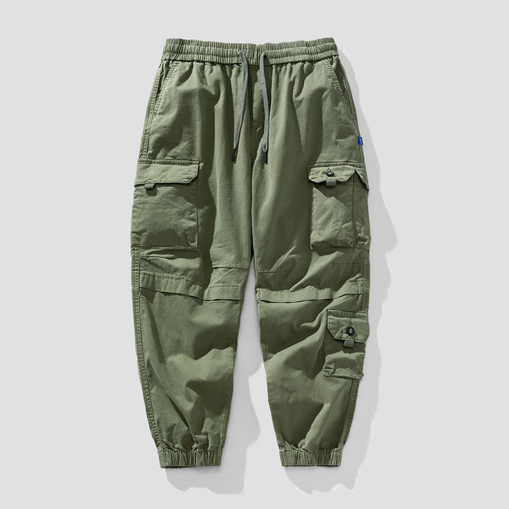Herren Leichte Canvas-Cargohose im Joggerstil mit elastischem Bund, segmentierten Kniepaneelen und verdeckten Klappentaschen Drune
