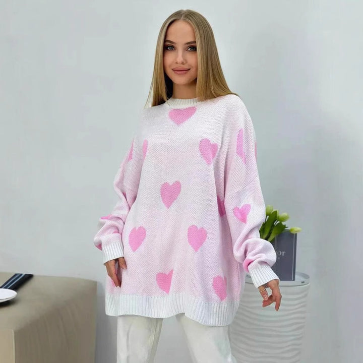 Damen Oversize Strickpullover mit Herz‑Motiv, Rippbündchen & weiter Silhouette Drune