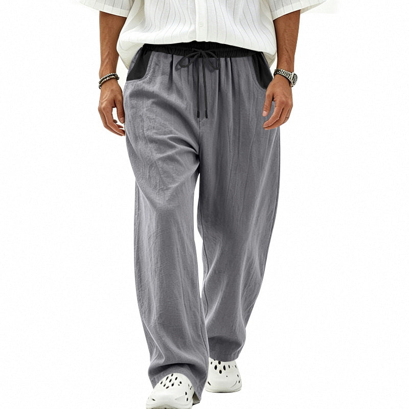 Herren Locker sitzende Leinen-Mischstoff Freizeithose mit Elastischem Tunnelzug und Seitentaschen Drune