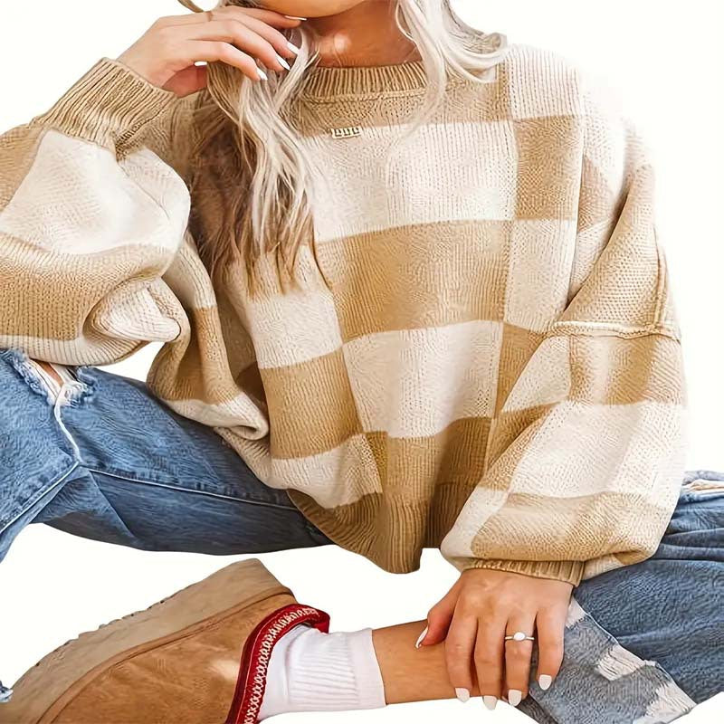 Damen lässiger pullover mit Karo-Muster und weiten Ärmeln Drune