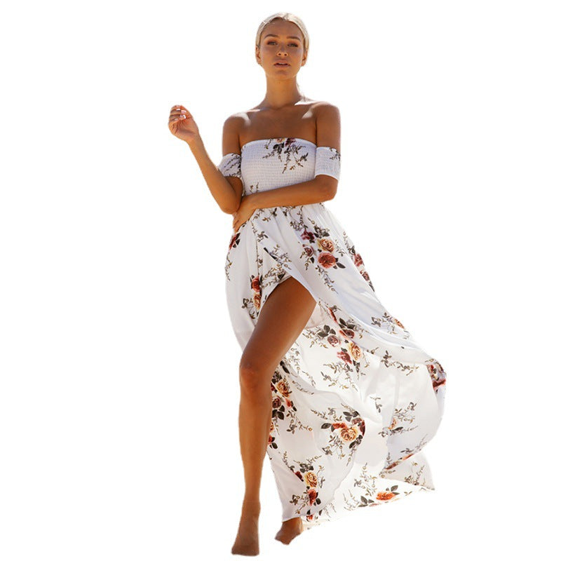 Damen Off-Shoulder Strandkleid mit floralem Muster und fließendem Schnitt Drune