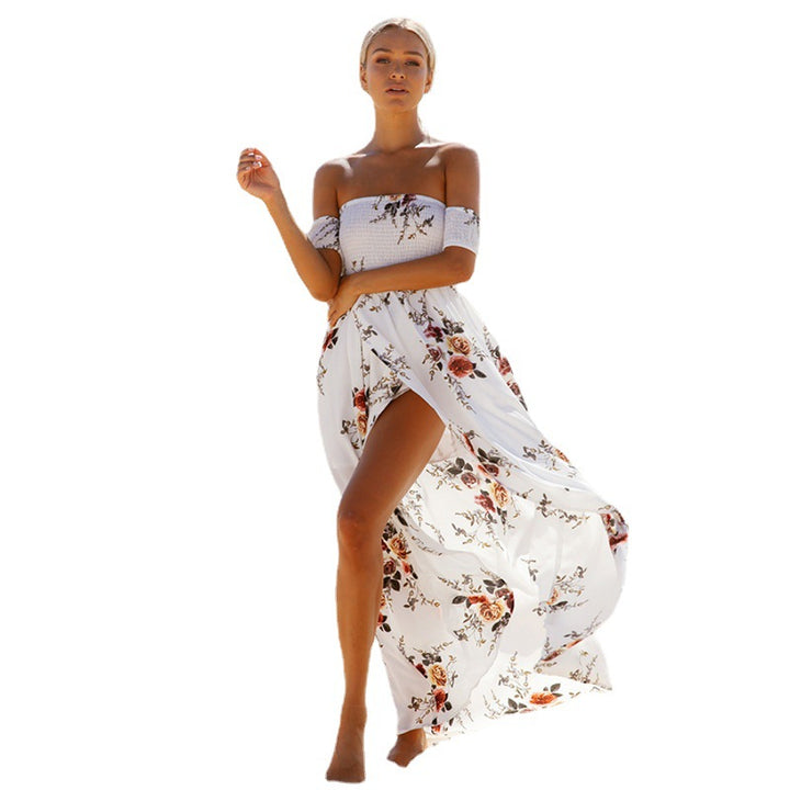 Damen Off-Shoulder Strandkleid mit floralem Muster und fließendem Schnitt Drune