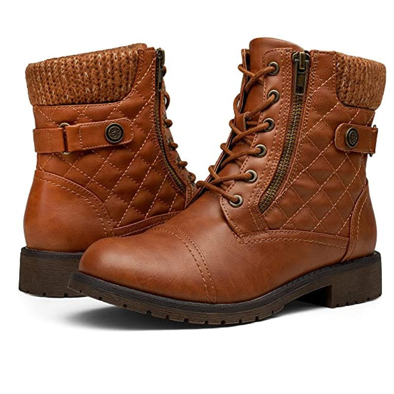Damen nan gequiltete Schnür-Bikerboots mit seitlichem Reißverschluss, gepolstertem Schaft und robustem Profilsohle Drune