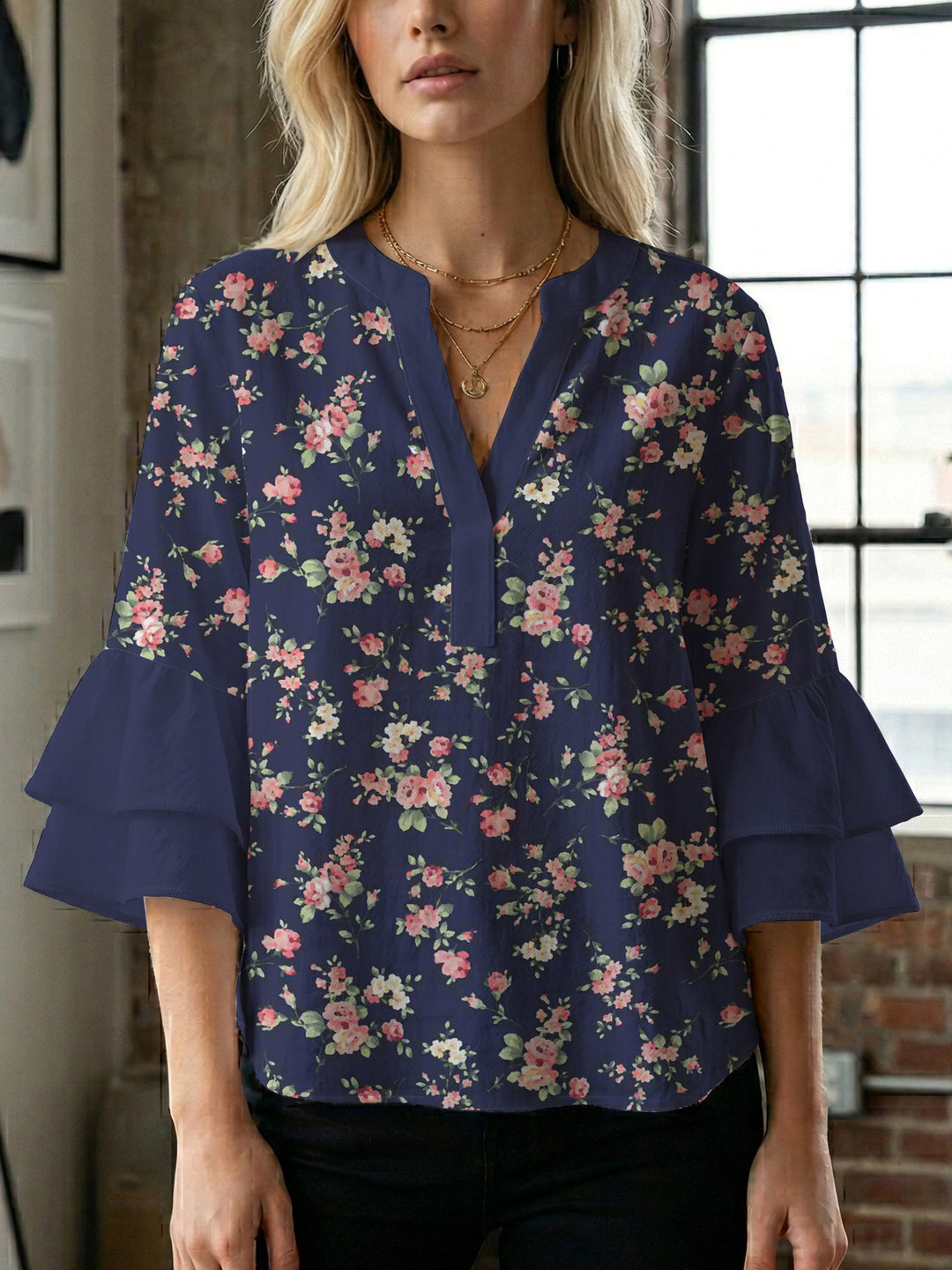Damen Bluse mit voluminösen Ärmeln und floralem Design Drune