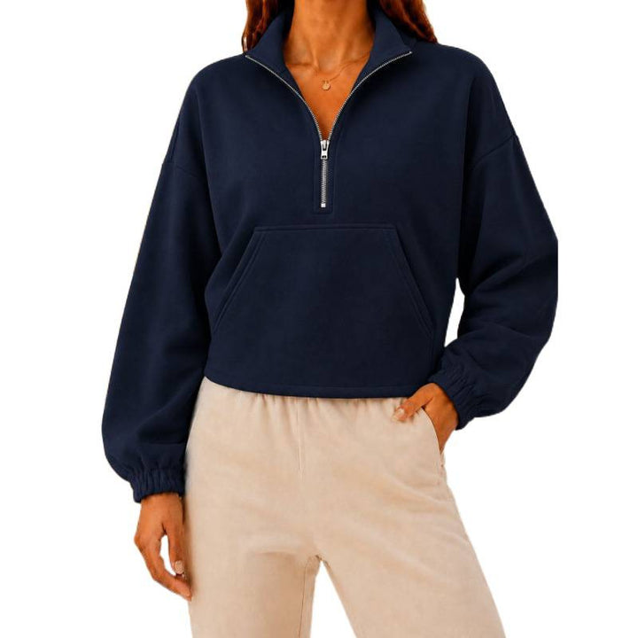Damen Kurz geschnittener Sweatshirt-Pullover mit halbem Reißverschluss und Kängurutasche Drune