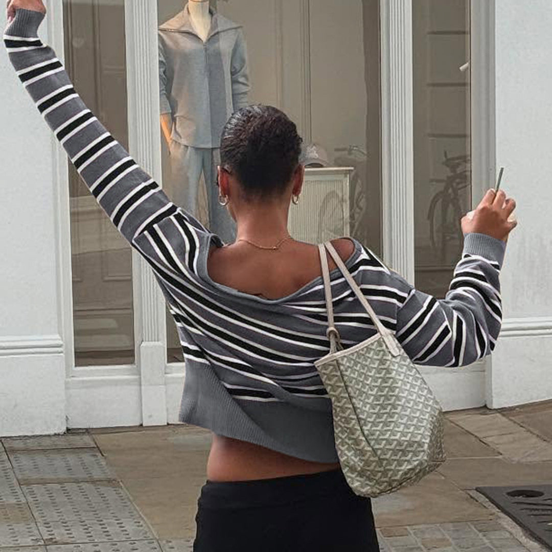 Damen Gestreifter Oversized-Strickpullover mit schulterfreiem Cut und weitem Rippbund Drune