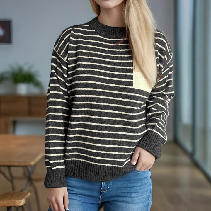 Damen lässiger Strickpullover mit breitem Streifenmuster und überschnittenen Schultern Drune