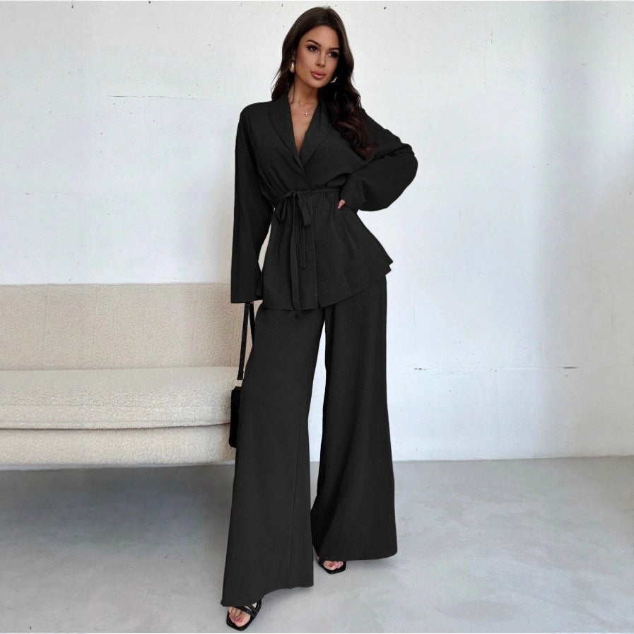 Damen Entspannter Wickelblazer und Weite-Hosen Set Drune