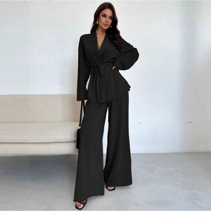 Damen Entspannter Wickelblazer und Weite-Hosen Set Drune