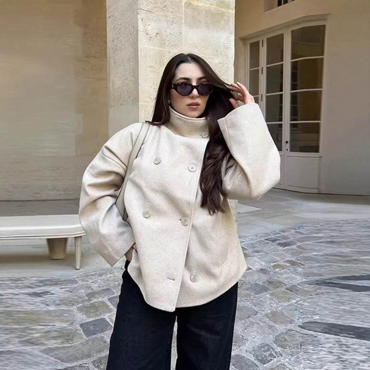 Damen 200+ boxy Wollmix Kurzjacke mit Stehkragen und verdeckter Doppelknopfleiste Drune