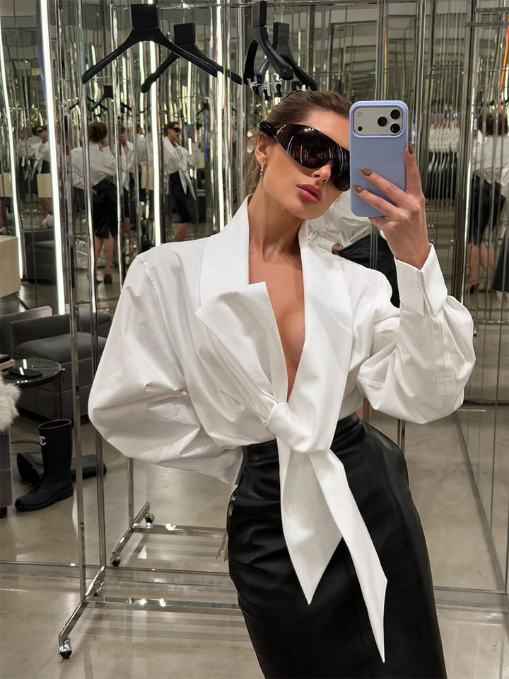 Damen Taillierte Bluse mit XXL-Volumenärmeln und Vorderknoten Drune