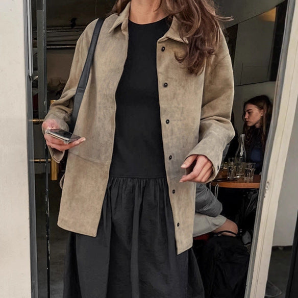 Damen Suede Jacke mit Taillengürtel und feinen Knopfdetails Drune