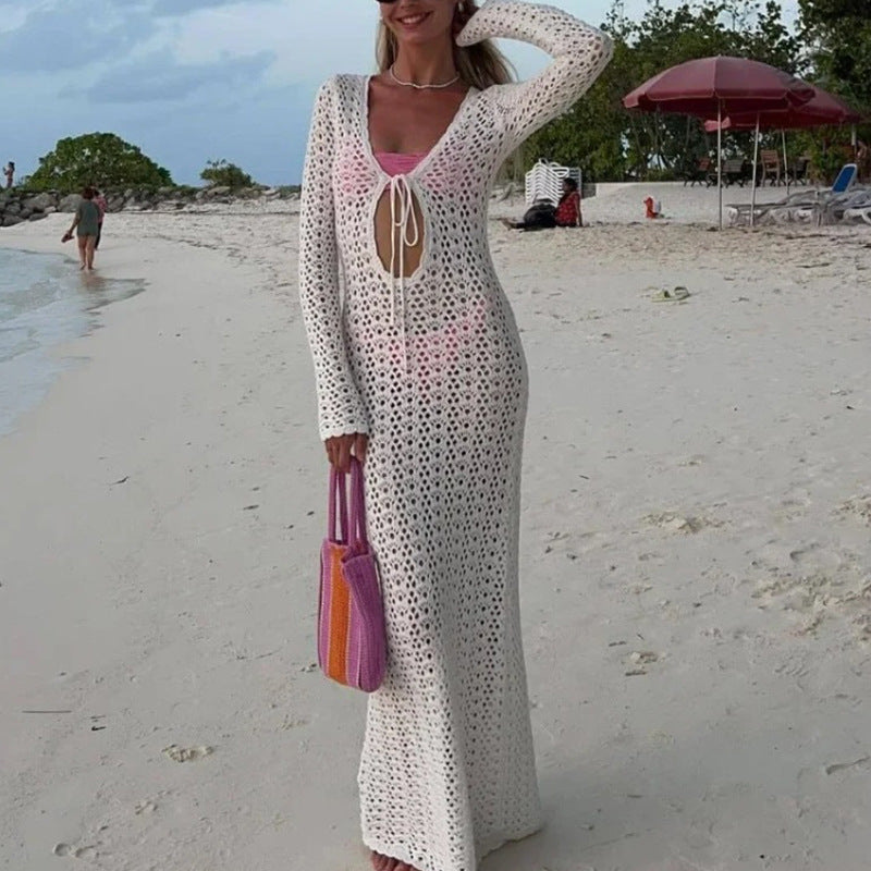 Damen Elegantes gehäkeltes Strandkleid mit tiefem V-Ausschnitt und luftiger Struktur Drune