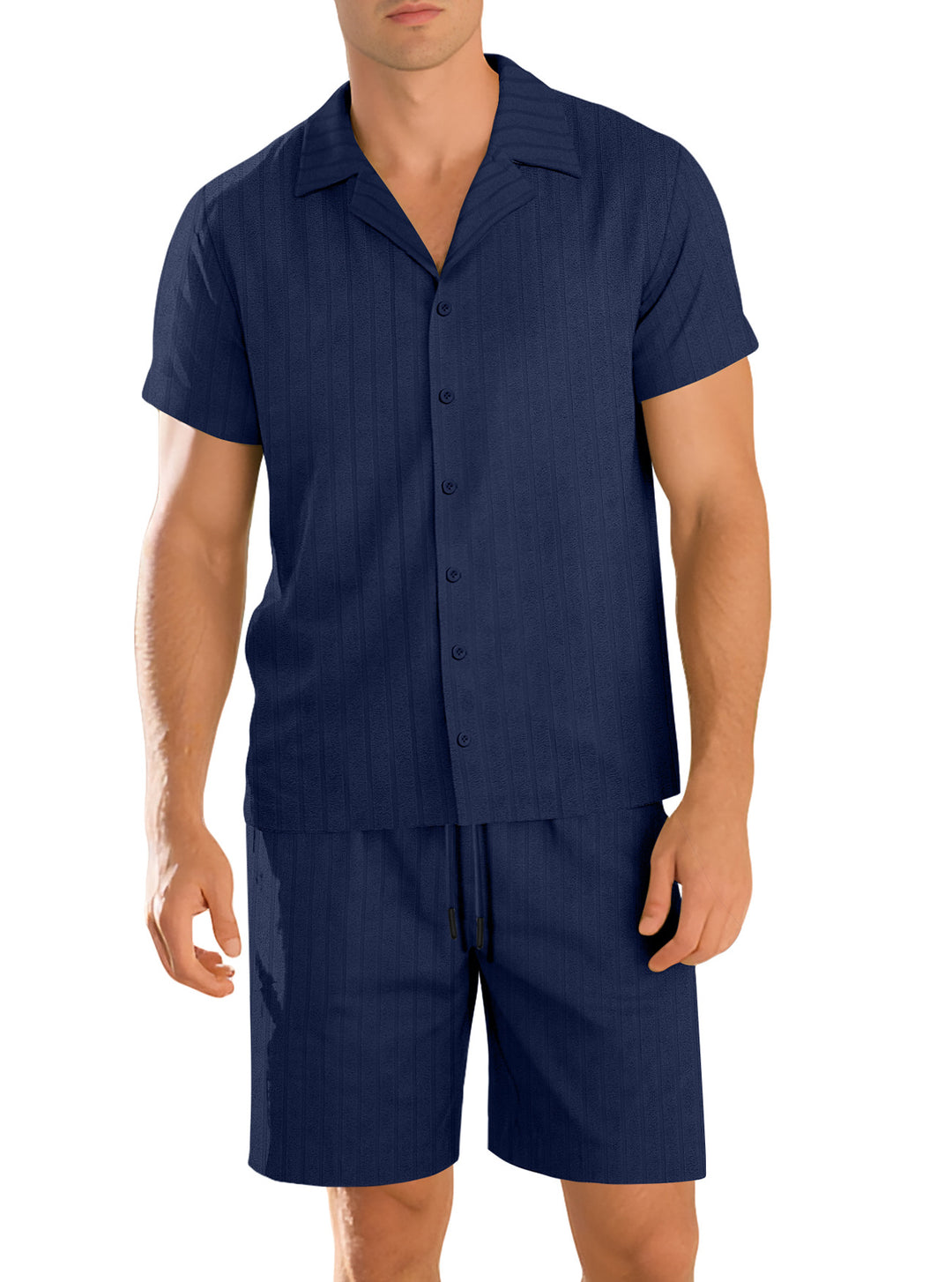 Herren nan Rippenstrick Lounge-Set mit Reverskragen Kurzarmhemd und Komfort-Bermuda Drune