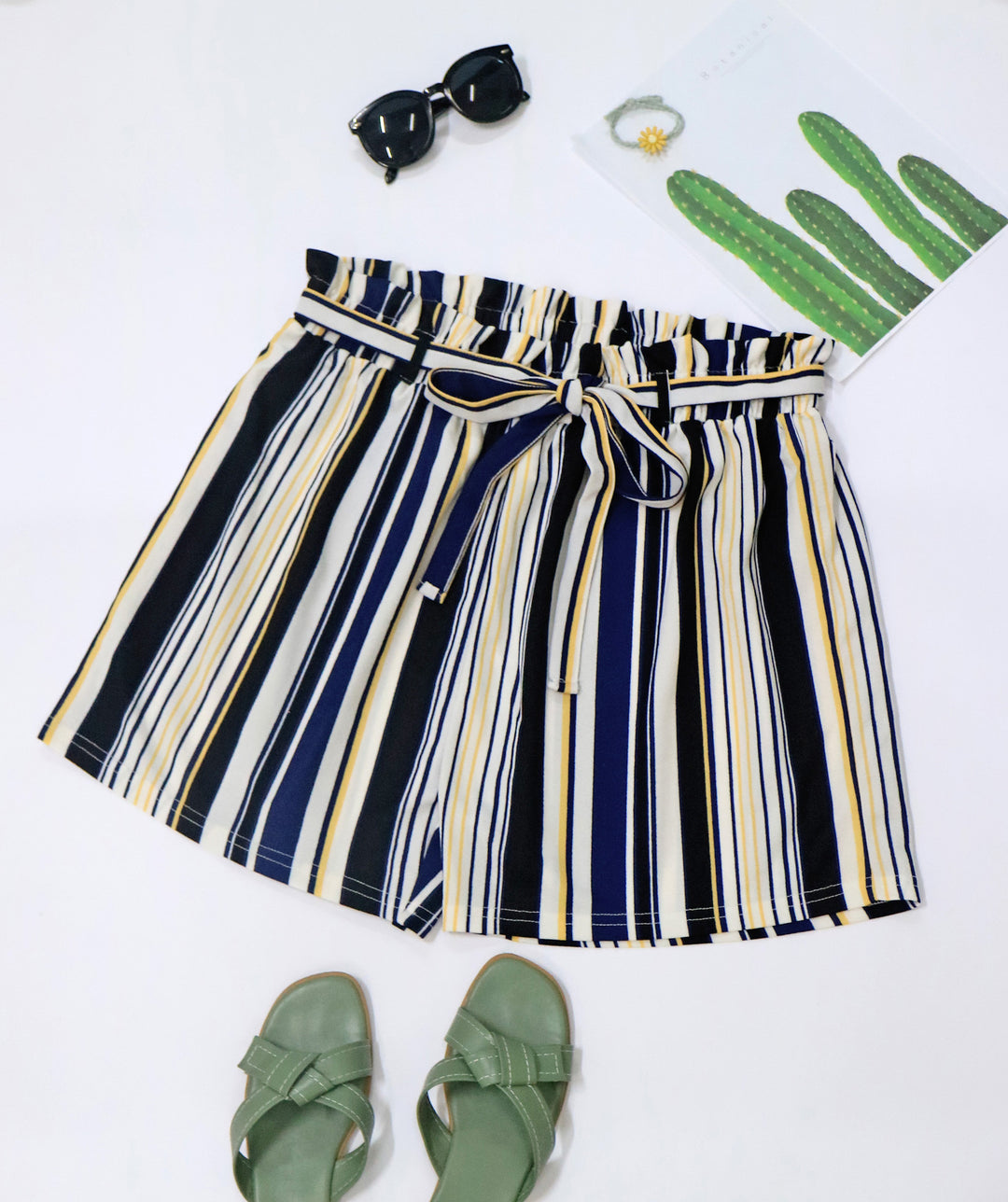 Damen gestreifte Sommer-Shorts mit elastischem Bund und Taillenknotenschnur Drune