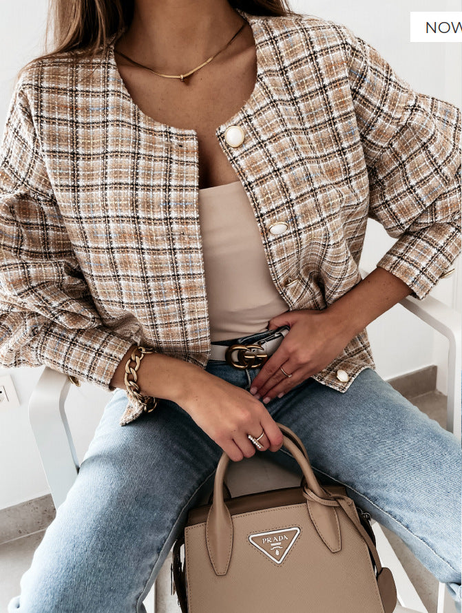 Damen Modischer Karostrickjacke mit einzigartigem Knopfverschluss Drune