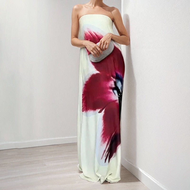 Damen Maxikleid mit schulterfreiem Design und floralen Akzenten Drune