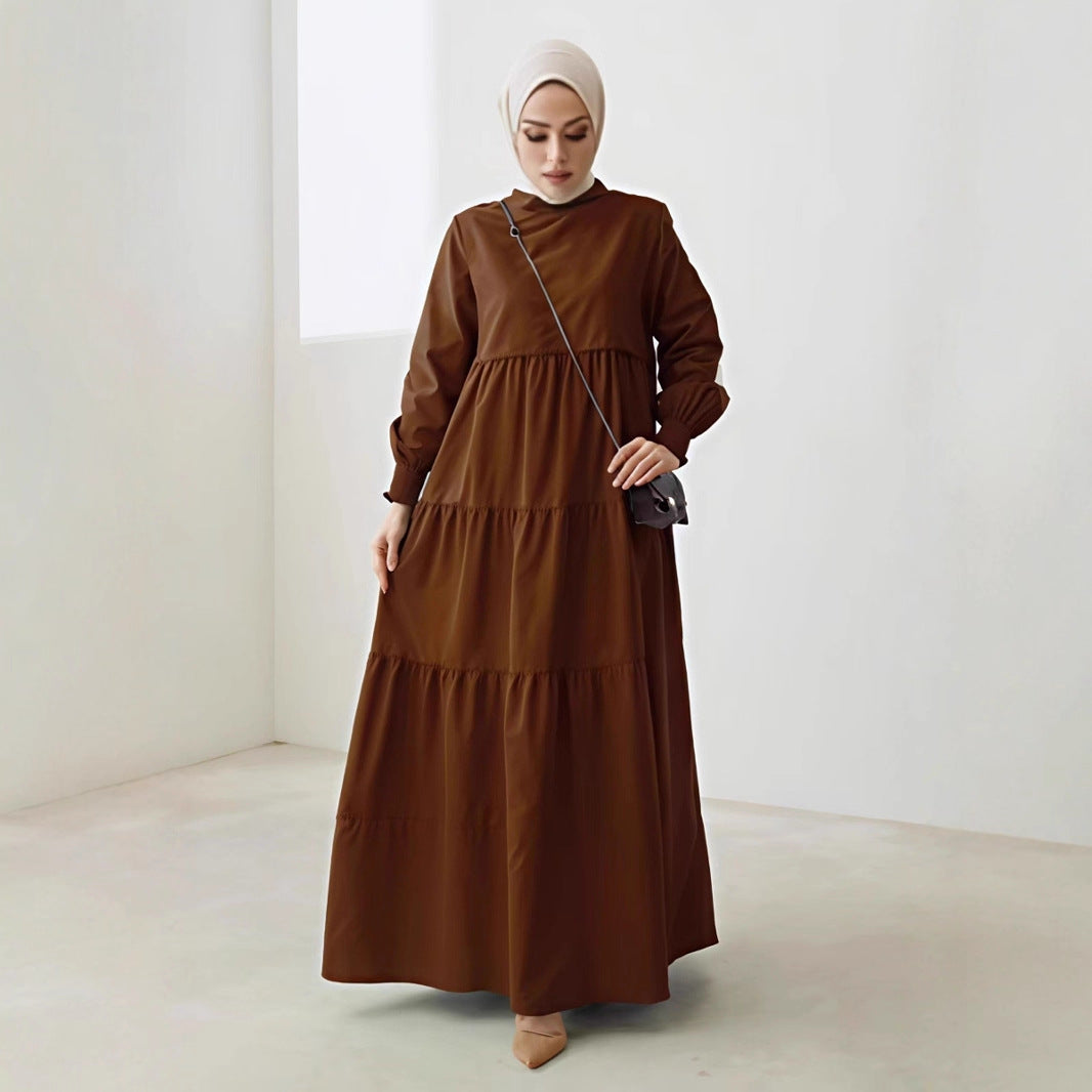 Damen Maxikleid mit Stufenrock, hohem Kragen und gerafften Ärmeln Drune