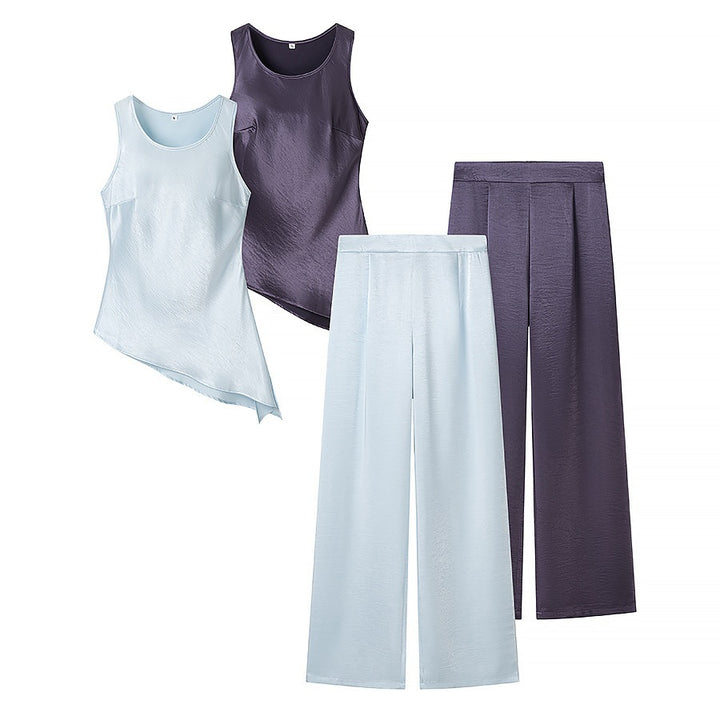Damen Set bestehend aus elegantem Oberteil mit asymmetrischem Saum und weit geschnittener Hose Drune