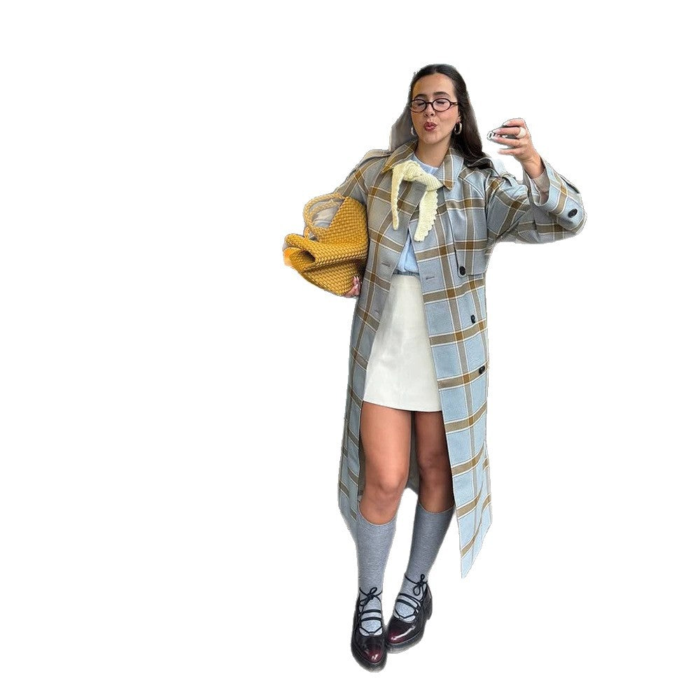 Damen langer kariierter Mantel im Trenchcoat-Stil mit doppelter Knopfleiste Drune