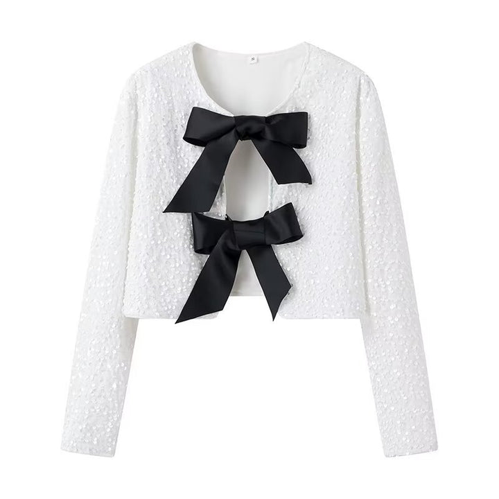 Damen Kurze Paillettenjacke mit Zierschleifen, Rundhalsausschnitt und langen Ärmeln Drune