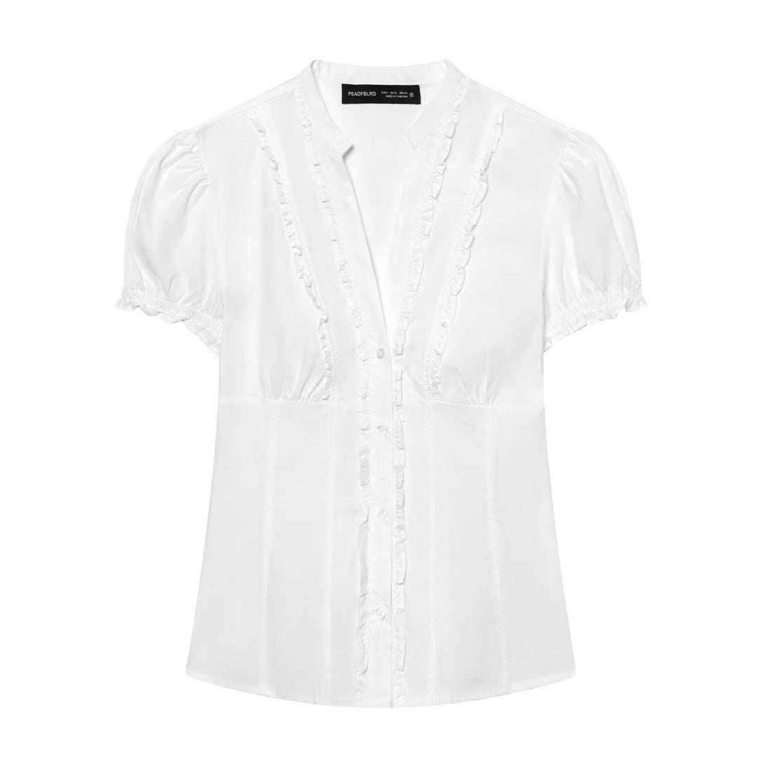 Damenbluse mit dekorativen Rüschendetails und feinen Streifen Drune