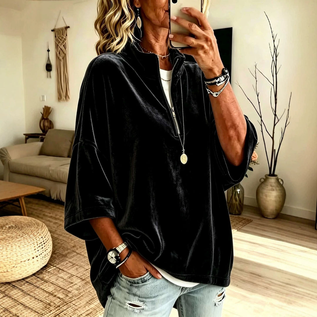 Damen Oversize Samt-Pullover mit kurzem Reißverschluss und Stehkragen Drune