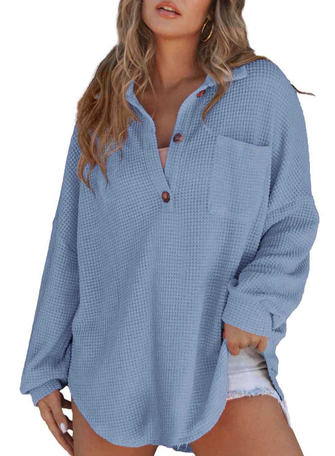 Damen Oversize Waffel-Strick Hemdtunika mit Brusttasche und Holzknöpfen Drune